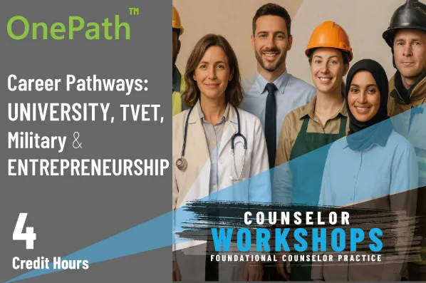 School counselor explaining UAE career pathways including university TVET military and entrepreneurship options