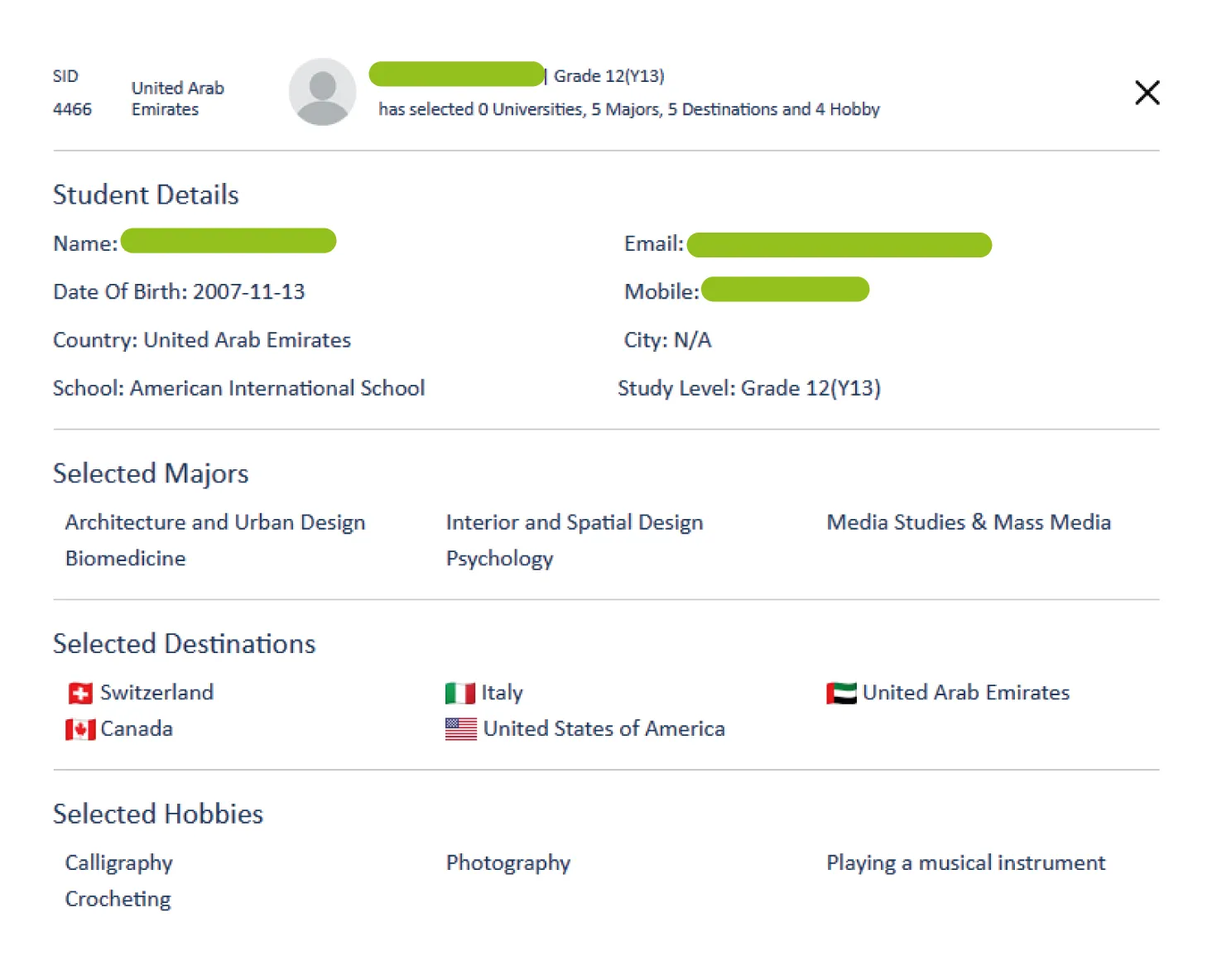 University student lead profile showing selected majors destinations and interests through OnePath